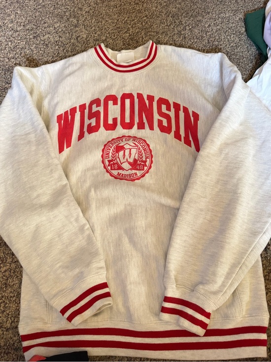 Champion Sweaters - Champion White Crewneck Sweatshirt with Red Wisconsin Logo